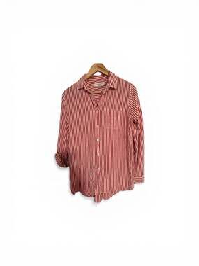 Workshop Republic Clothing Red and White Striped Roll-Tab Long Sleeve Button Dow